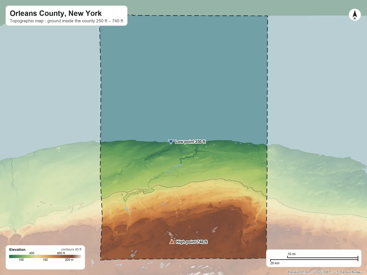 Topographic elevation map of Orleans County, New York, shaded from 250 ft near the middle to 740 ft on the south side
