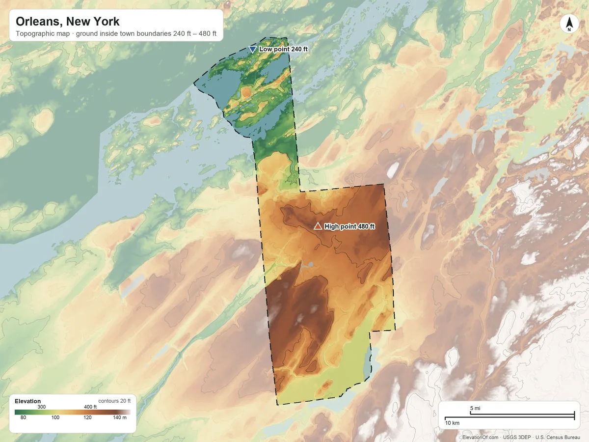 Topographic elevation map of Orleans, New York, shaded from 240 ft on the north side to 480 ft near the middle