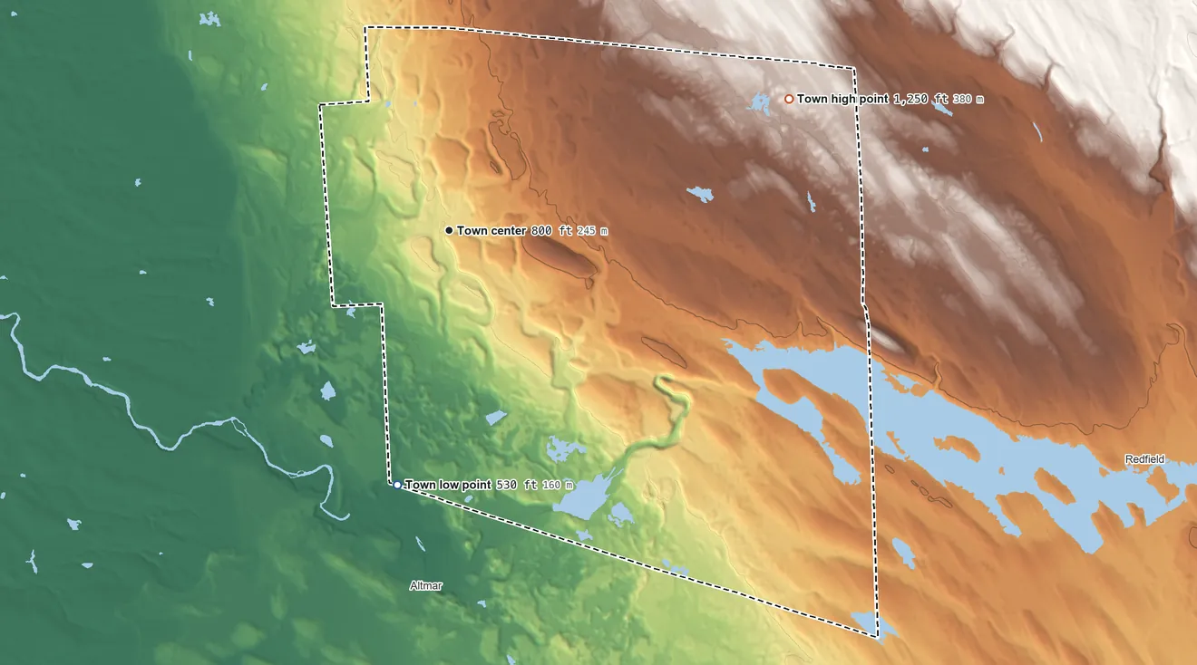 Topographic elevation map of Orwell, New York, shaded from 530 ft on the south side to 1,250 ft on the east side