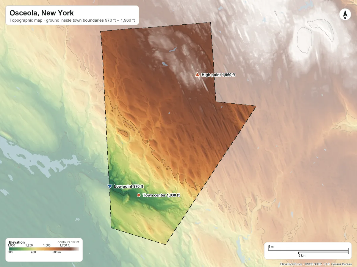 Topographic elevation map of Osceola, New York, shaded from 970 ft on the west side to 1,960 ft on the northeast side