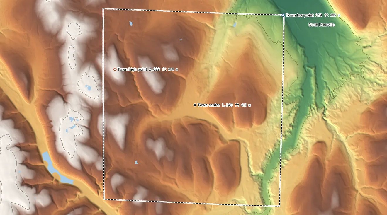 Topographic elevation map of Ossian, New York, shaded from 640 ft on the northeast side to 2,000 ft on Frog Hill