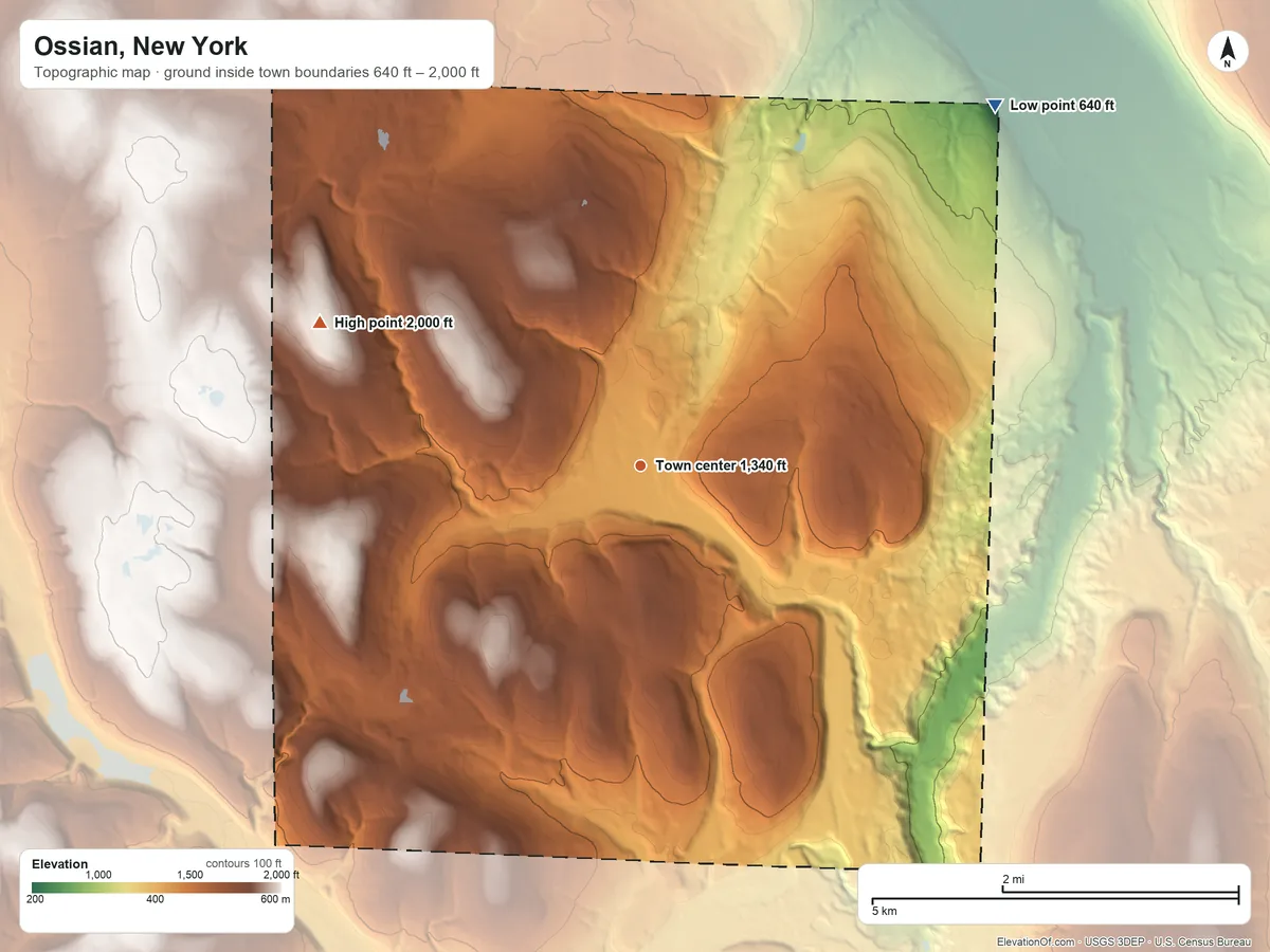 Topographic elevation map of Ossian, New York, shaded from 640 ft on the northeast side to 2,000 ft on Frog Hill