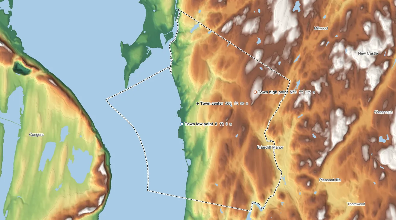 Topographic elevation map of Ossining, New York, shaded from 0 ft near the middle to 570 ft on the east side