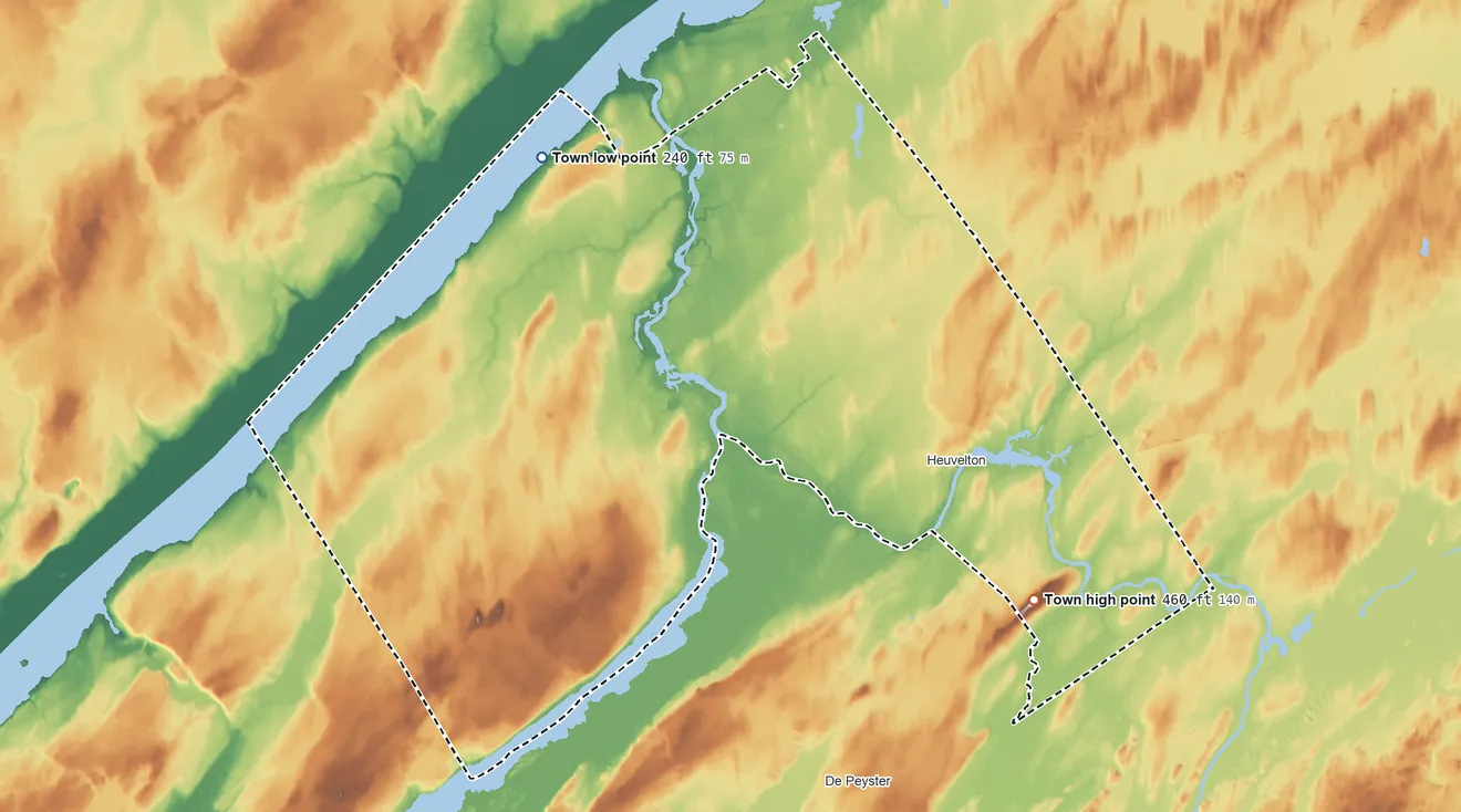 Topographic elevation map of Oswegatchie, New York, shaded from 240 ft on the northwest side to 460 ft on Mount Lona