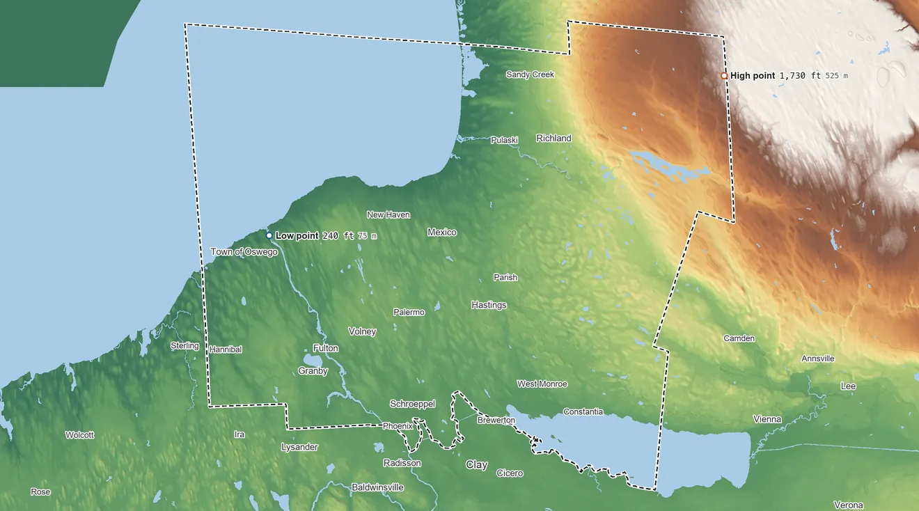 Topographic elevation map of Oswego County, New York, shaded from 240 ft on the west side to 1,730 ft on the northeast side