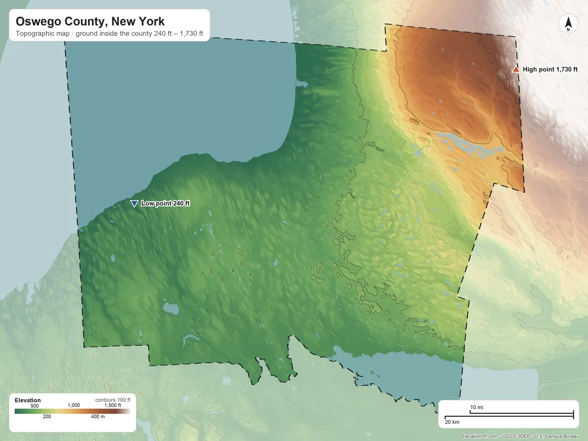 Topographic elevation map of Oswego County, New York, shaded from 240 ft on the west side to 1,730 ft on the northeast side