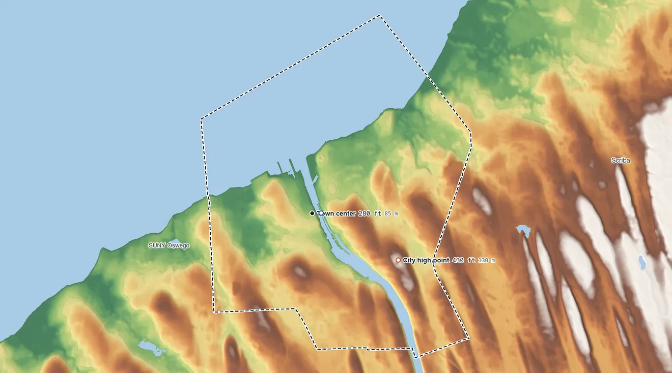 Topographic elevation map of Oswego, New York, shaded from 240 ft near the middle to 430 ft on the southeast side