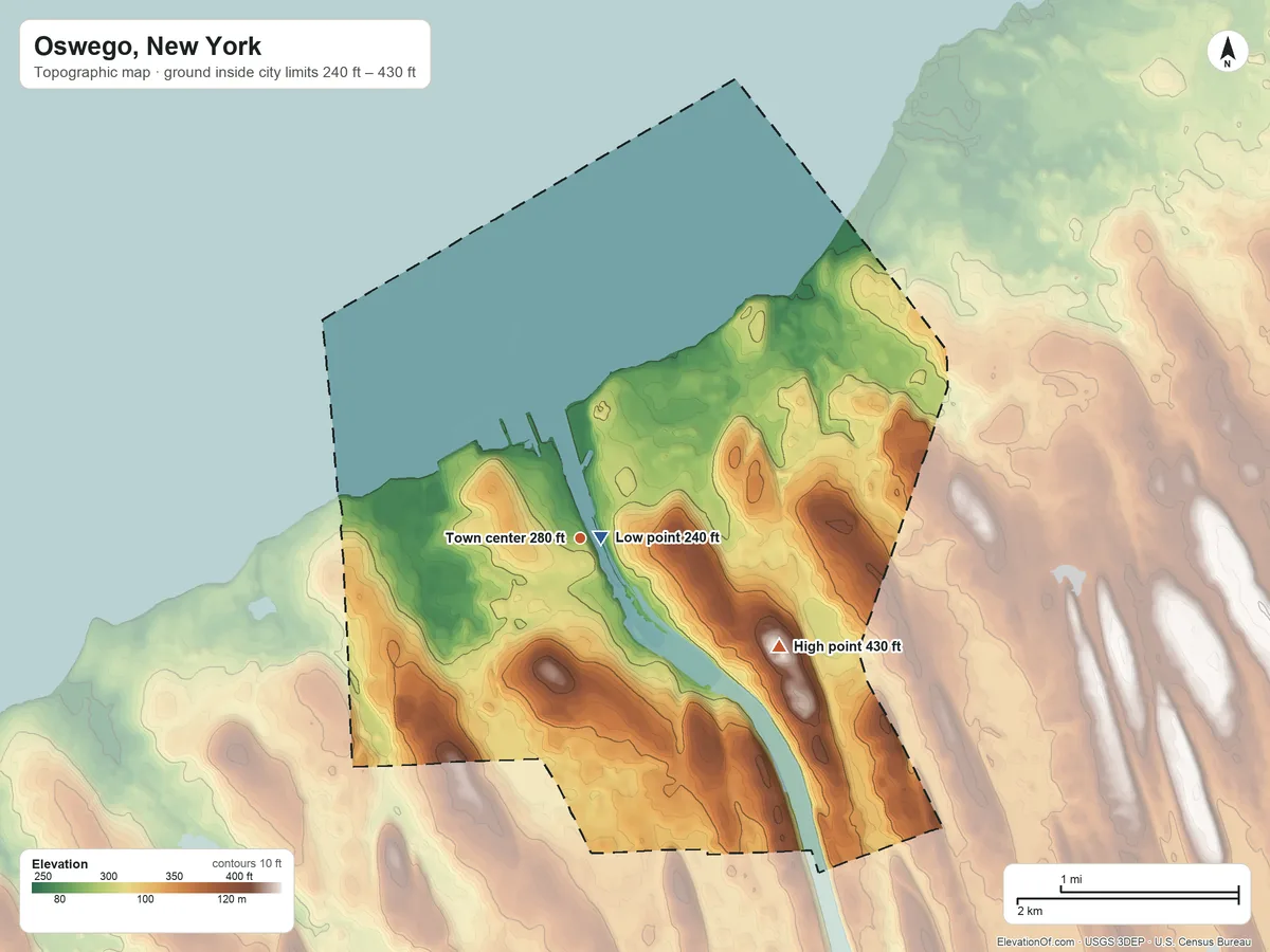 Topographic elevation map of Oswego, New York, shaded from 240 ft near the middle to 430 ft on the southeast side