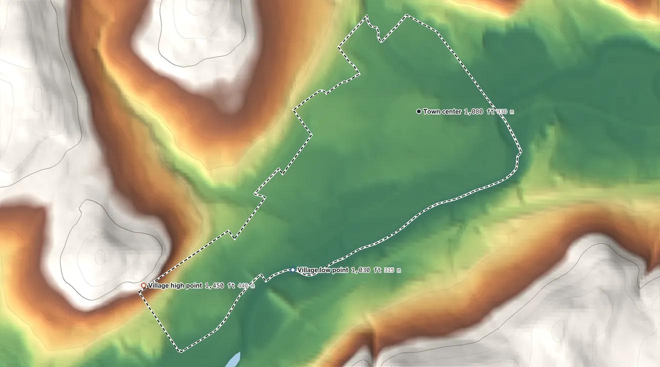Topographic elevation map of Village of Otego, New York, shaded from 1,030 ft on the southwest side to 1,450 ft on the southwest edge, below higher ground just outside