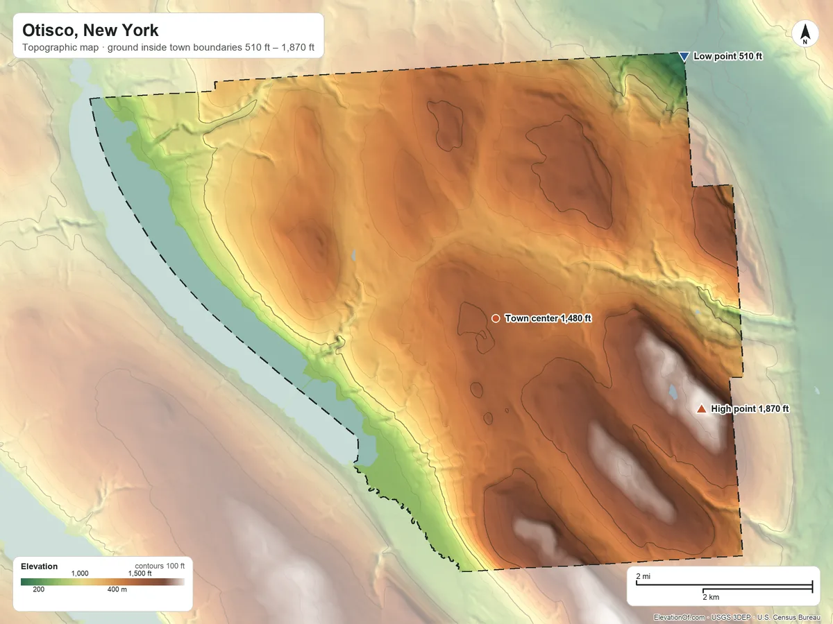 Topographic elevation map of Otisco, New York, shaded from 510 ft on the northeast side to 1,870 ft on Dutch Hill