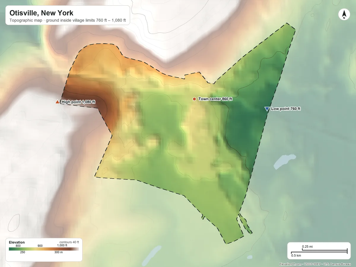 Topographic elevation map of Otisville, New York, shaded from 760 ft on the east side to 1,080 ft on the west side