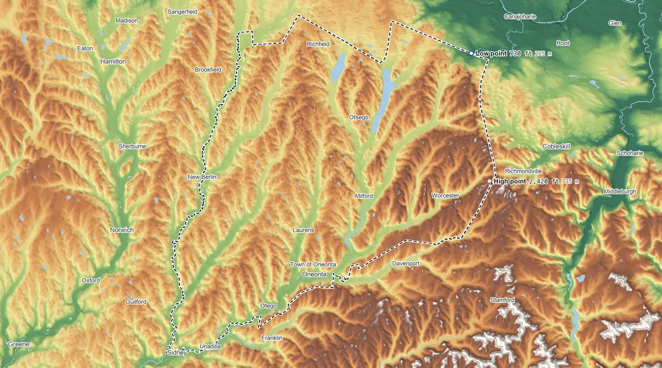 Topographic elevation map of Otsego County, New York, shaded from 730 ft on the northeast side to 2,420 ft on the east side