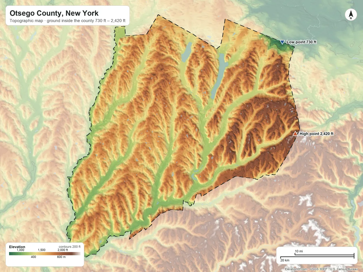 Topographic elevation map of Otsego County, New York, shaded from 730 ft on the northeast side to 2,420 ft on the east side