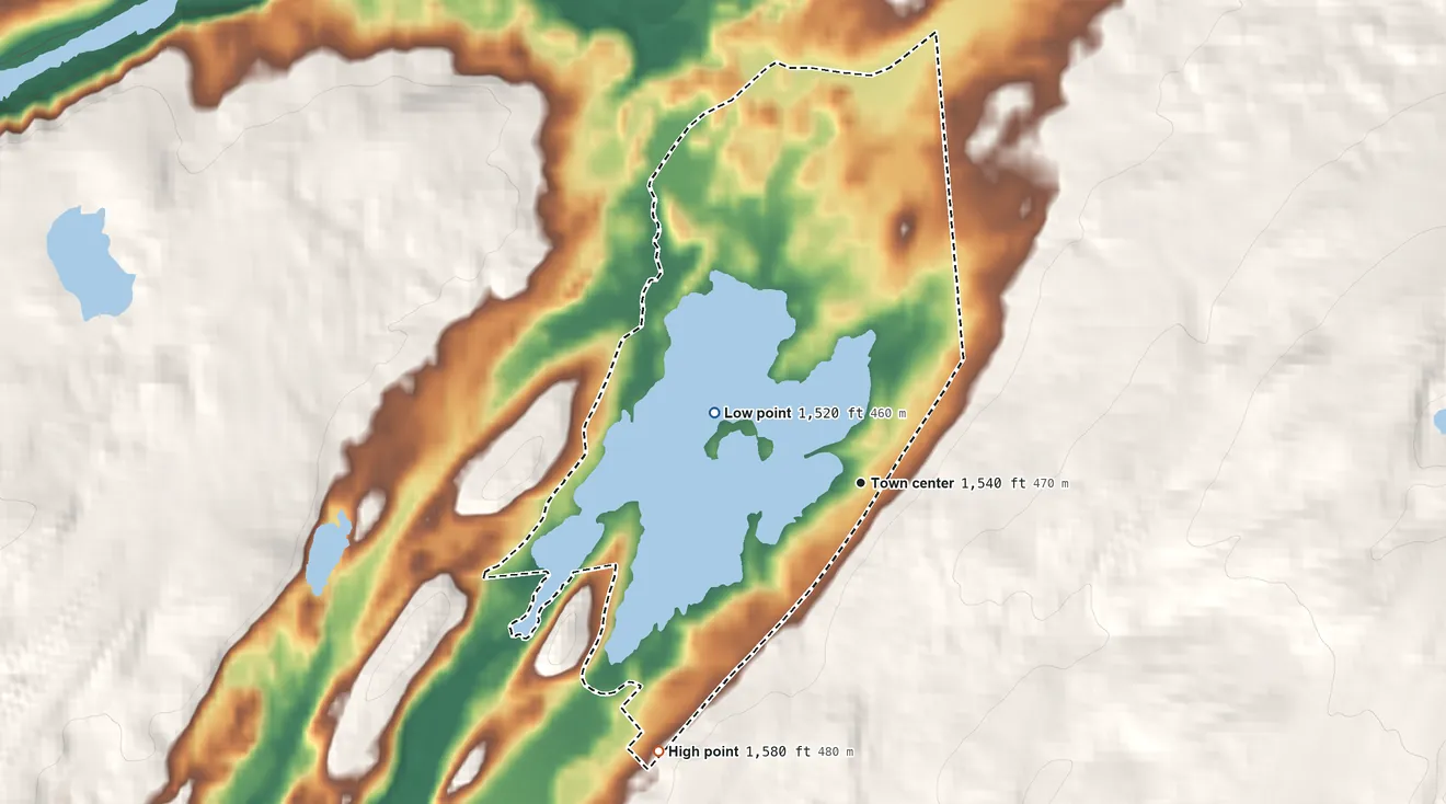 Topographic elevation map of Otter Lake, New York, shaded from 1,520 ft on the northwest side to 1,580 ft on the southwest side