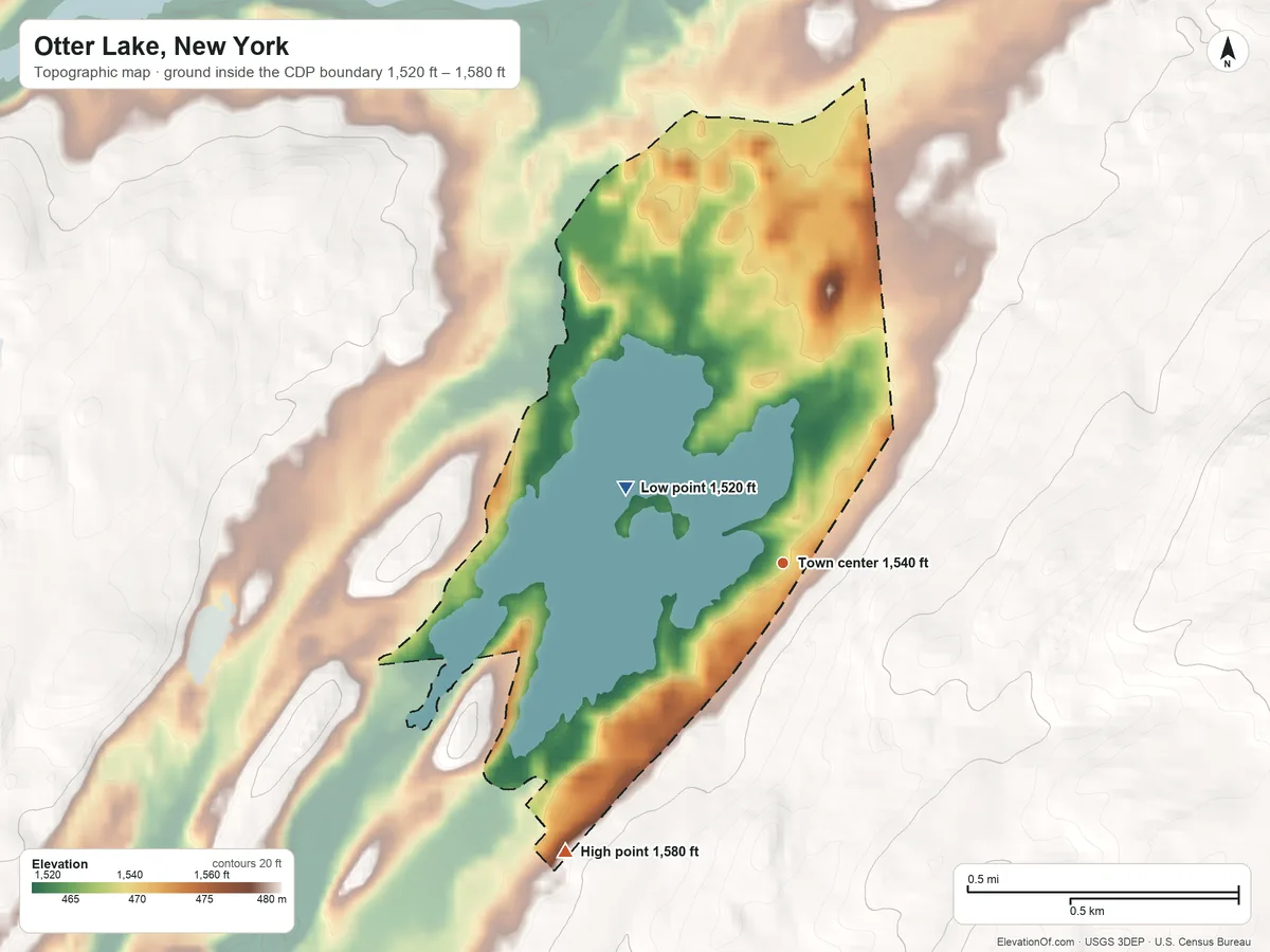 Topographic elevation map of Otter Lake, New York, shaded from 1,520 ft on the northwest side to 1,580 ft on the southwest side