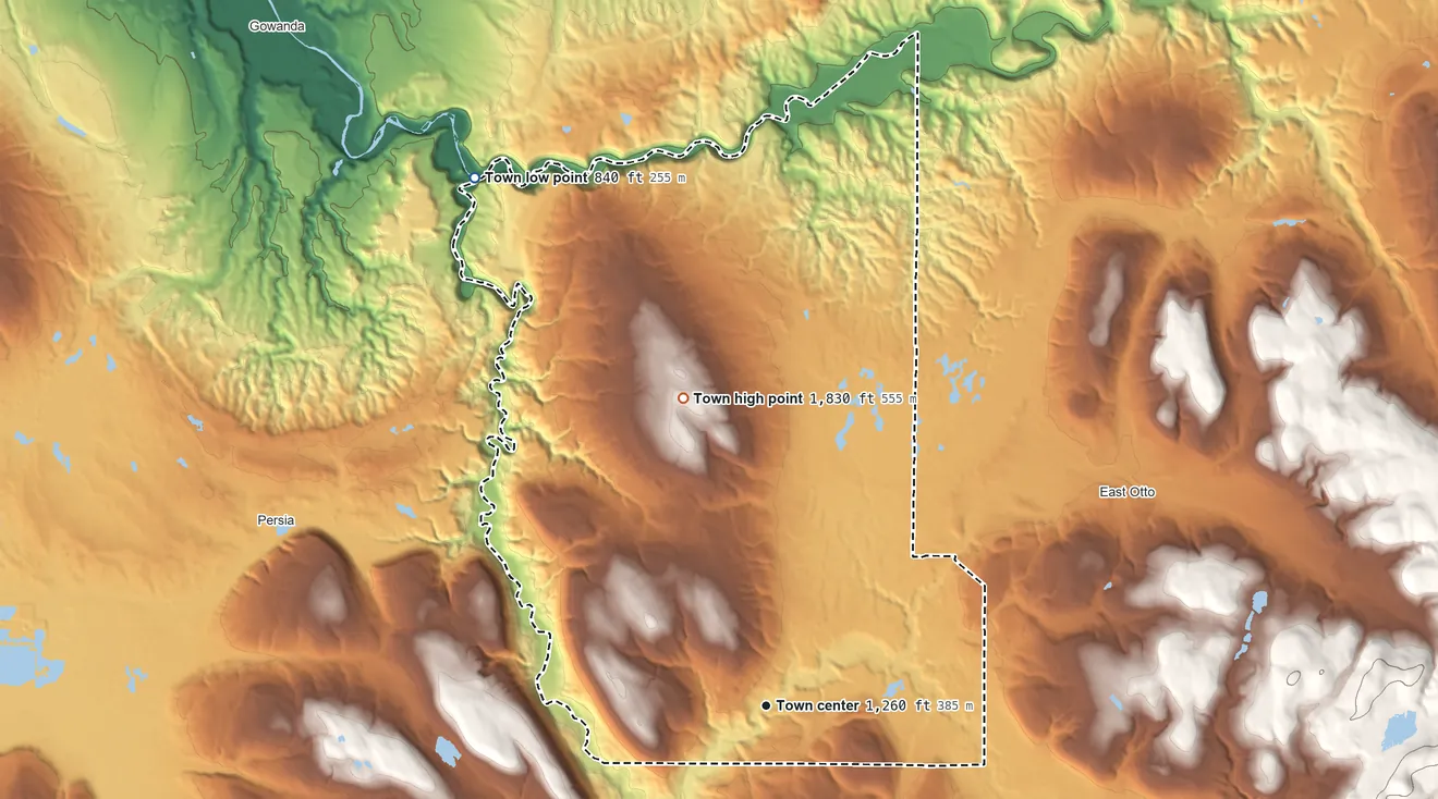 Topographic elevation map of Otto, New York, shaded from 840 ft on the northwest side to 1,830 ft on the north side
