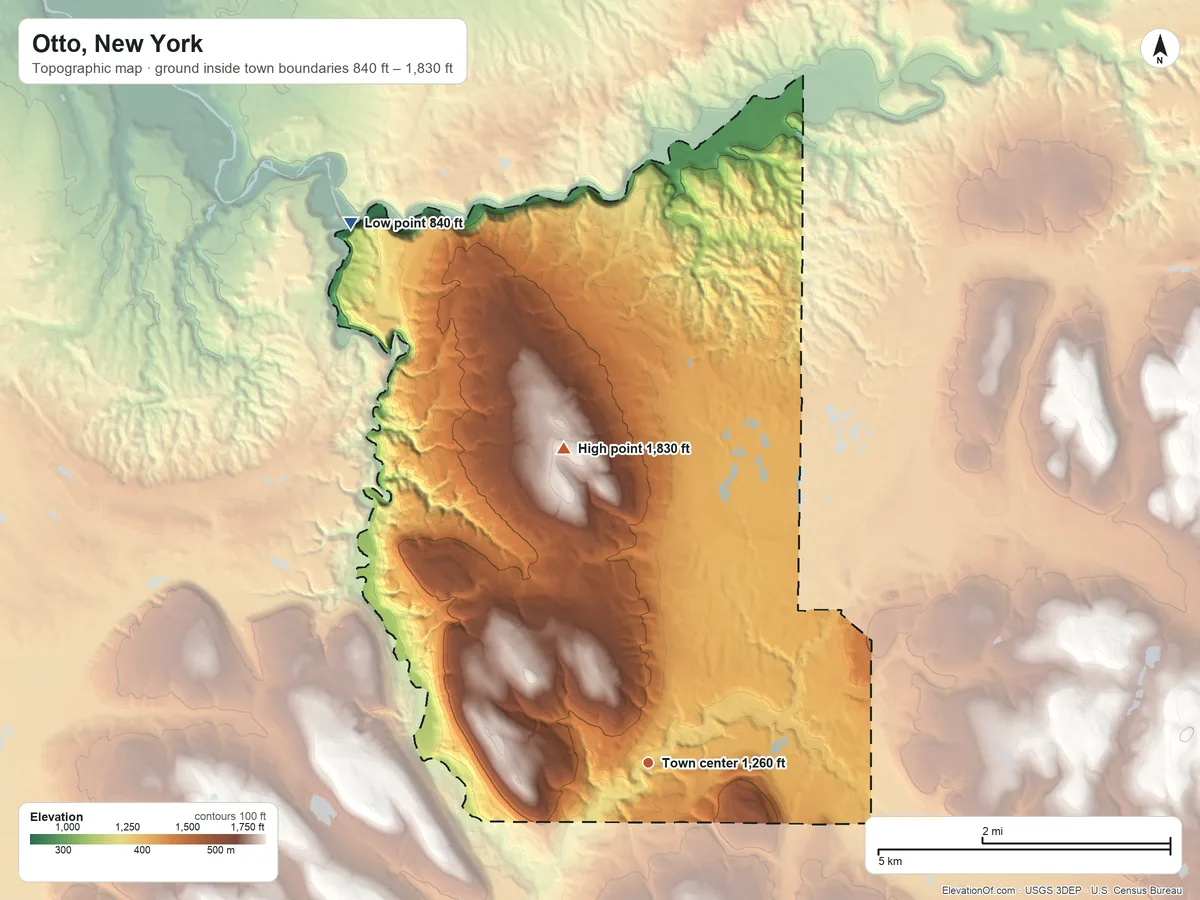 Topographic elevation map of Otto, New York, shaded from 840 ft on the northwest side to 1,830 ft on the north side