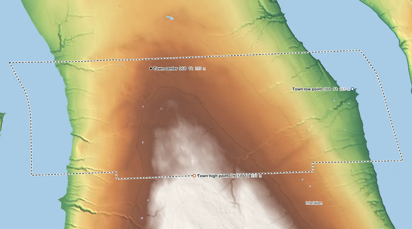 Topographic elevation map of Ovid, New York, shaded from 380 ft on the east side to 1,150 ft on the south side