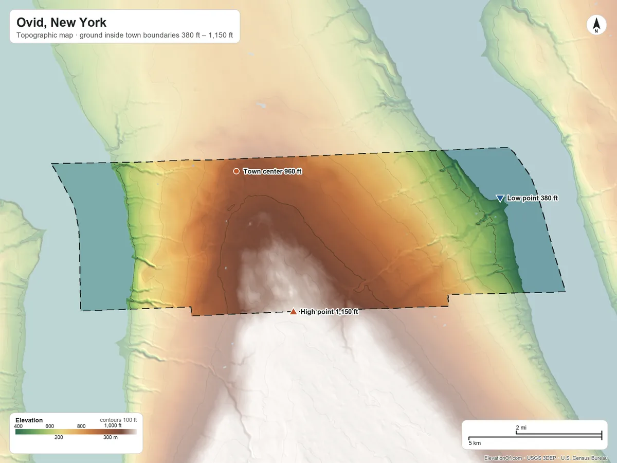 Topographic elevation map of Ovid, New York, shaded from 380 ft on the east side to 1,150 ft on the south side