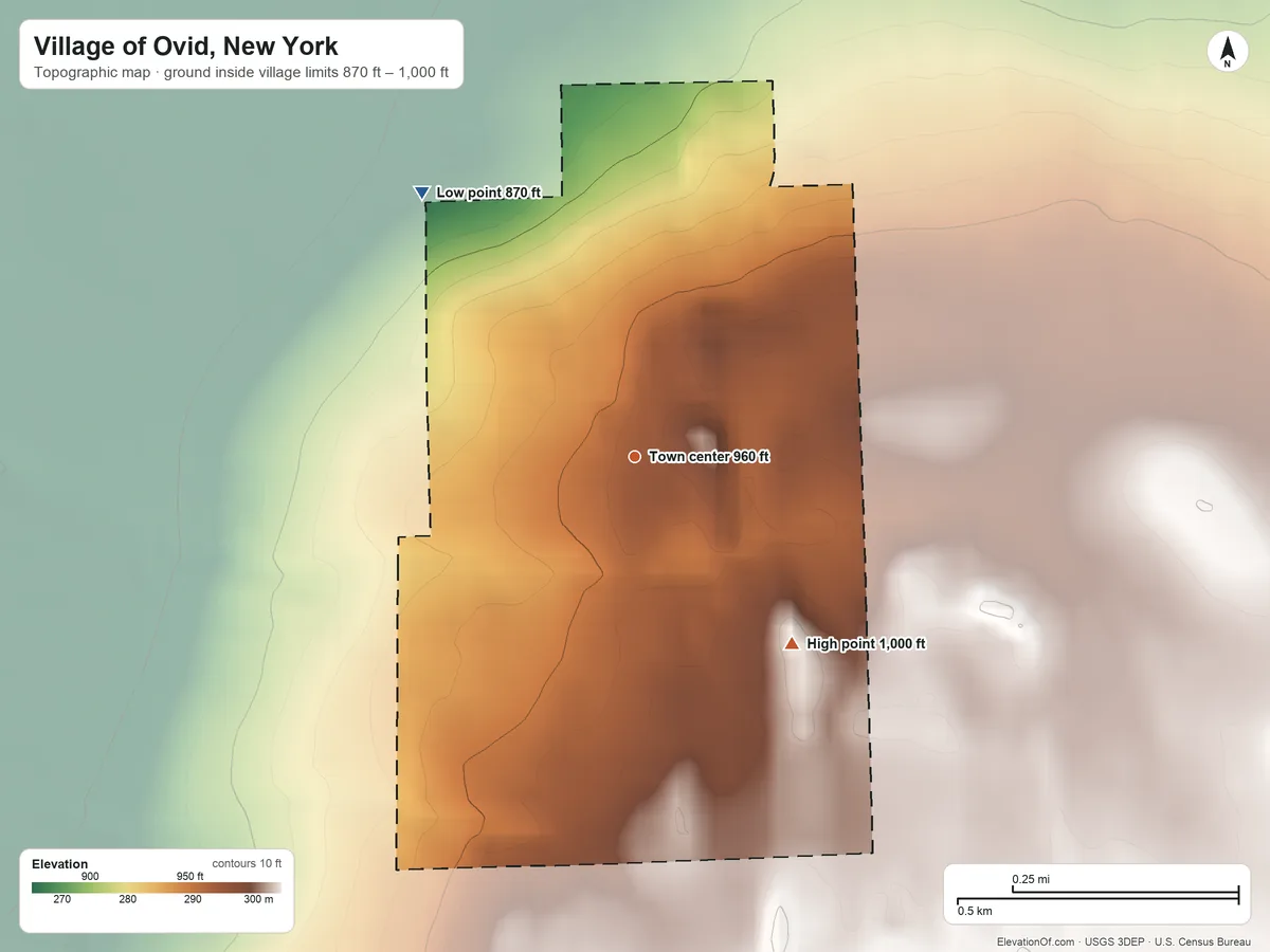 Topographic elevation map of Village of Ovid, New York, shaded from 870 ft on the northwest side to 1,000 ft on the southeast side