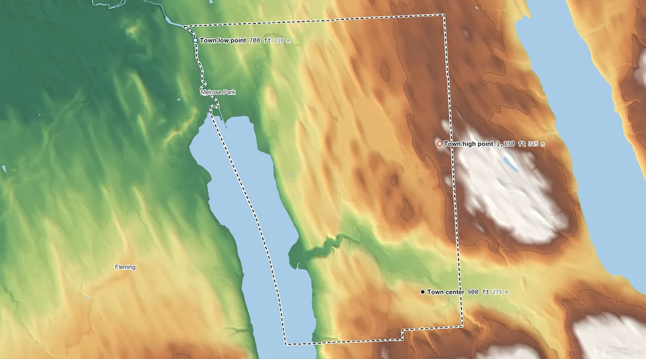 Topographic elevation map of Owasco, New York, shaded from 700 ft on the northwest side to 1,130 ft on the north side