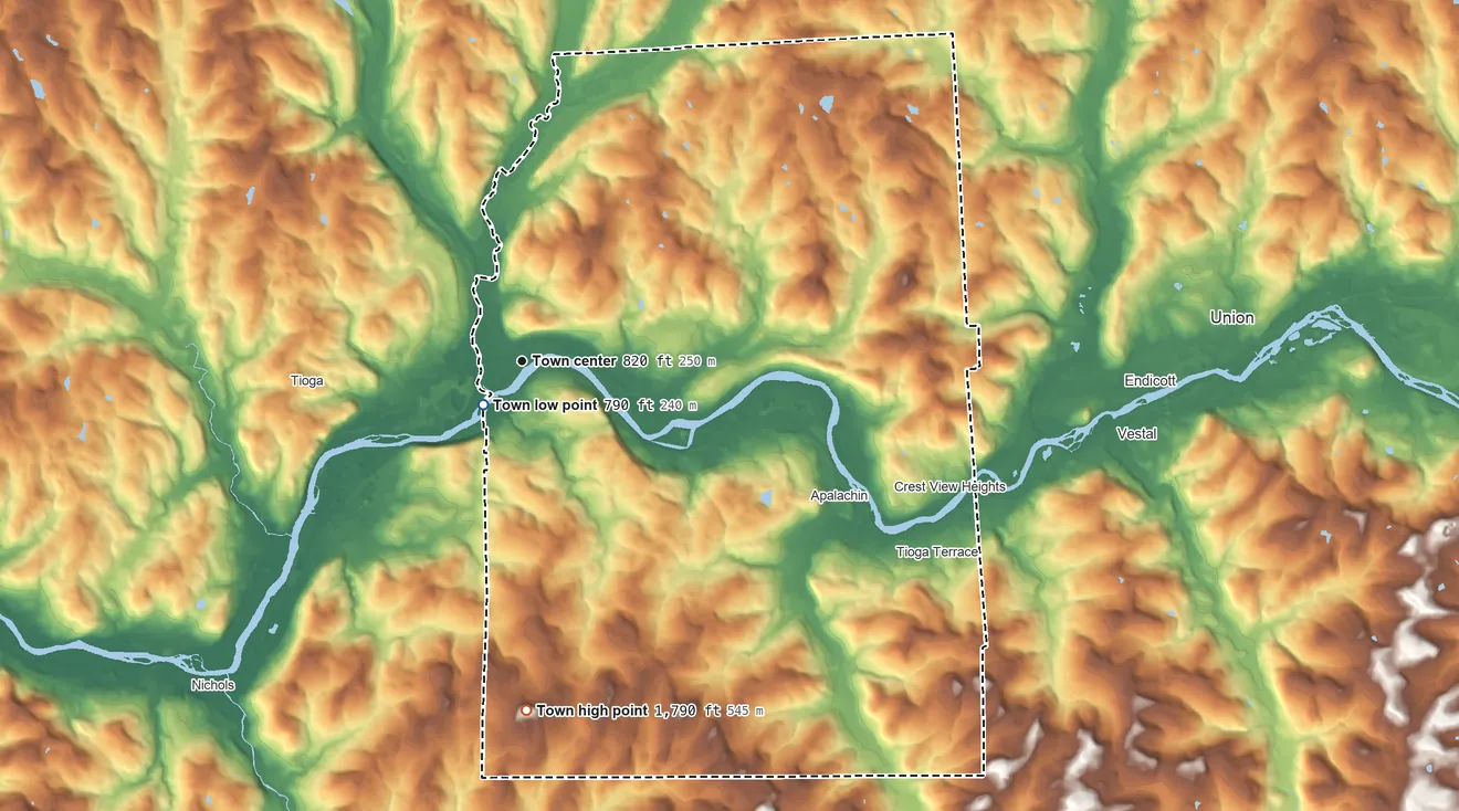 Topographic elevation map of Owego, New York, shaded from 790 ft near the middle to 1,790 ft on the south side