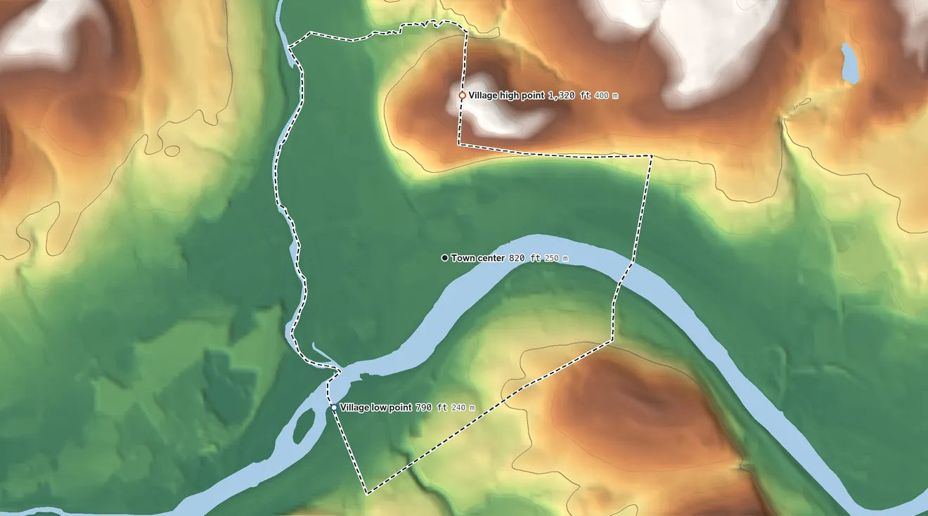 Topographic elevation map of Village of Owego, New York, shaded from 790 ft on the southwest side to 1,320 ft on the north edge, below higher ground just outside