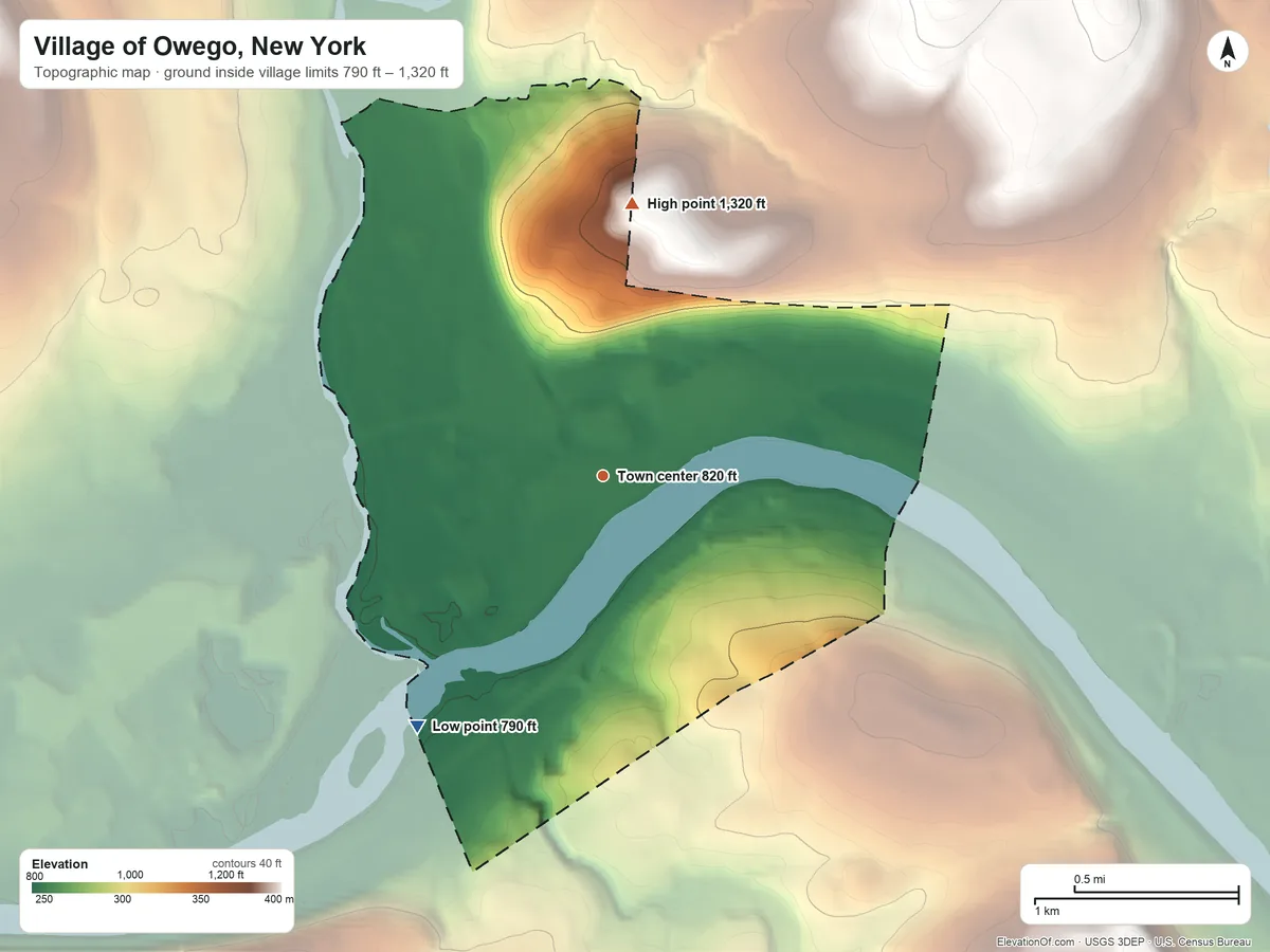 Topographic elevation map of Village of Owego, New York, shaded from 790 ft on the southwest side to 1,320 ft on the north edge, below higher ground just outside