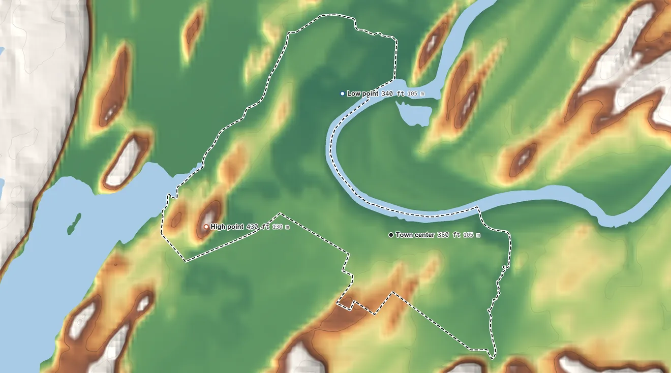 Topographic elevation map of Oxbow, New York, shaded from 340 ft on the north side to 430 ft on the west side