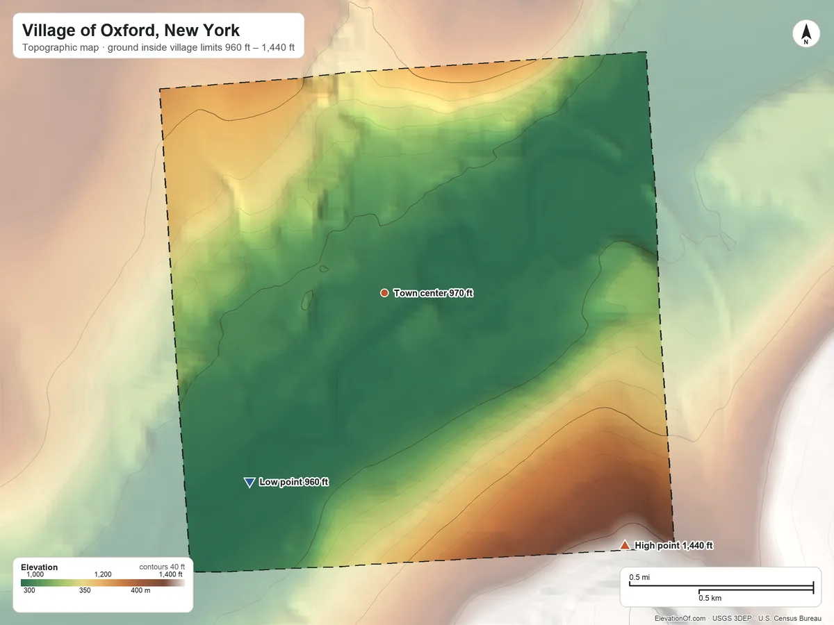 Topographic elevation map of Village of Oxford, New York, shaded from 960 ft on the southwest side to 1,440 ft on the southeast side