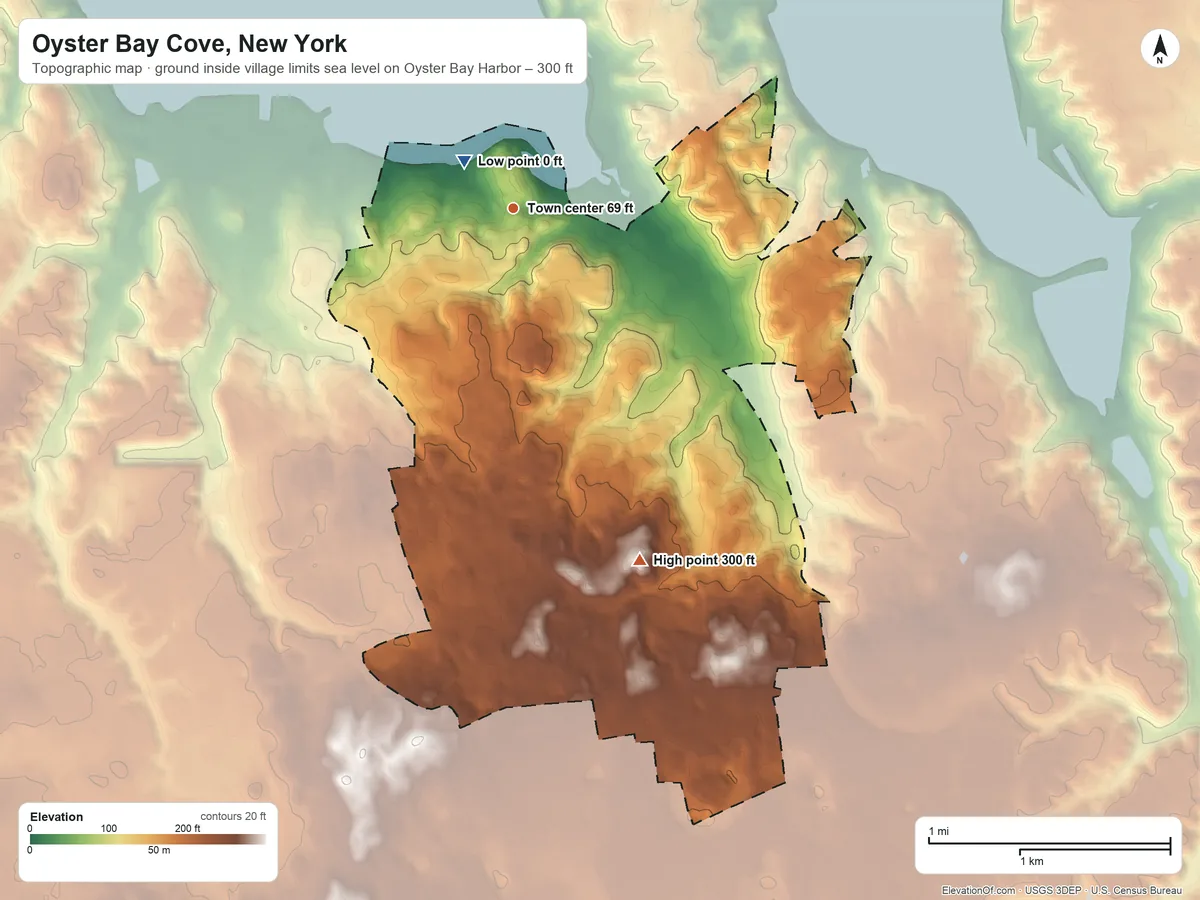 Topographic elevation map of Oyster Bay Cove, New York, shaded from sea level level on Oyster Bay Harbor to 300 ft on the south side