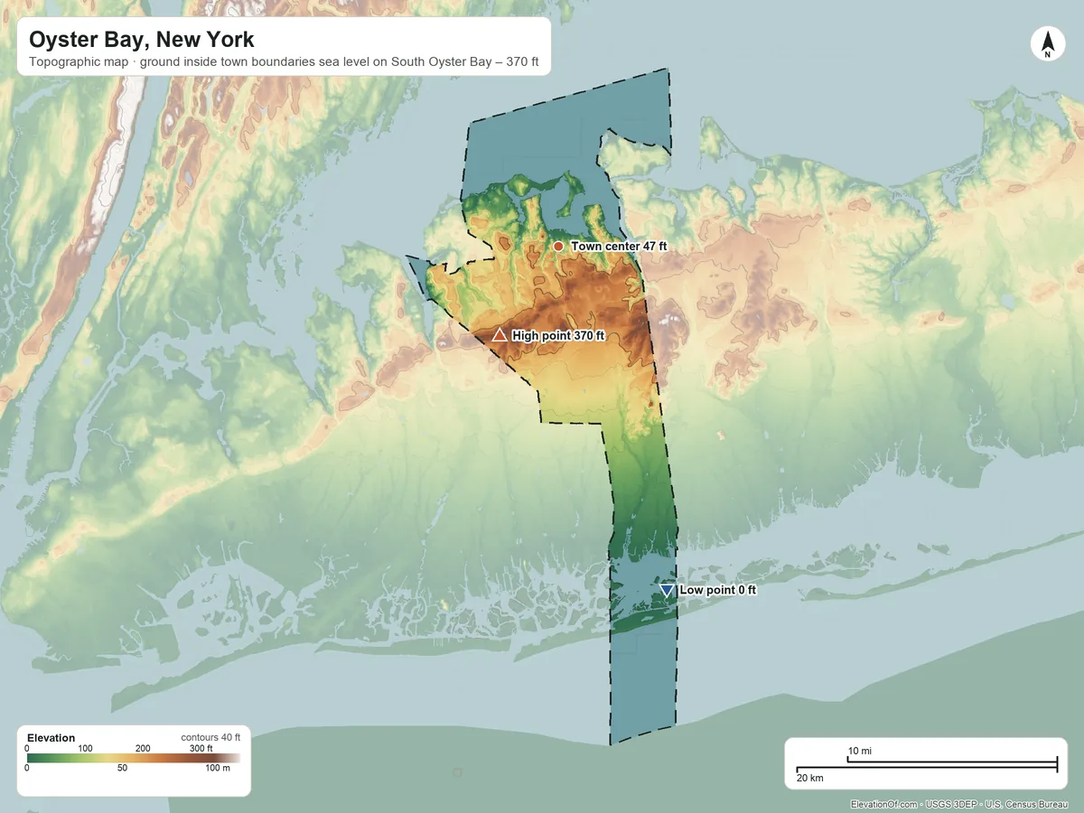Topographic elevation map of Oyster Bay, New York, shaded from sea level level on South Oyster Bay to 370 ft on the southwest side