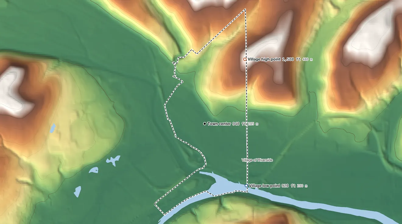 Topographic elevation map of Painted Post, New York, shaded from 920 ft on the southeast side to 1,580 ft on the northeast side