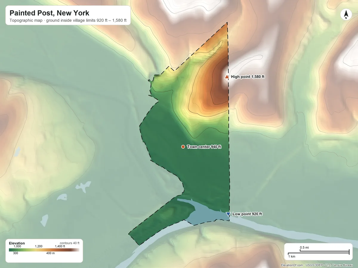 Topographic elevation map of Painted Post, New York, shaded from 920 ft on the southeast side to 1,580 ft on the northeast side