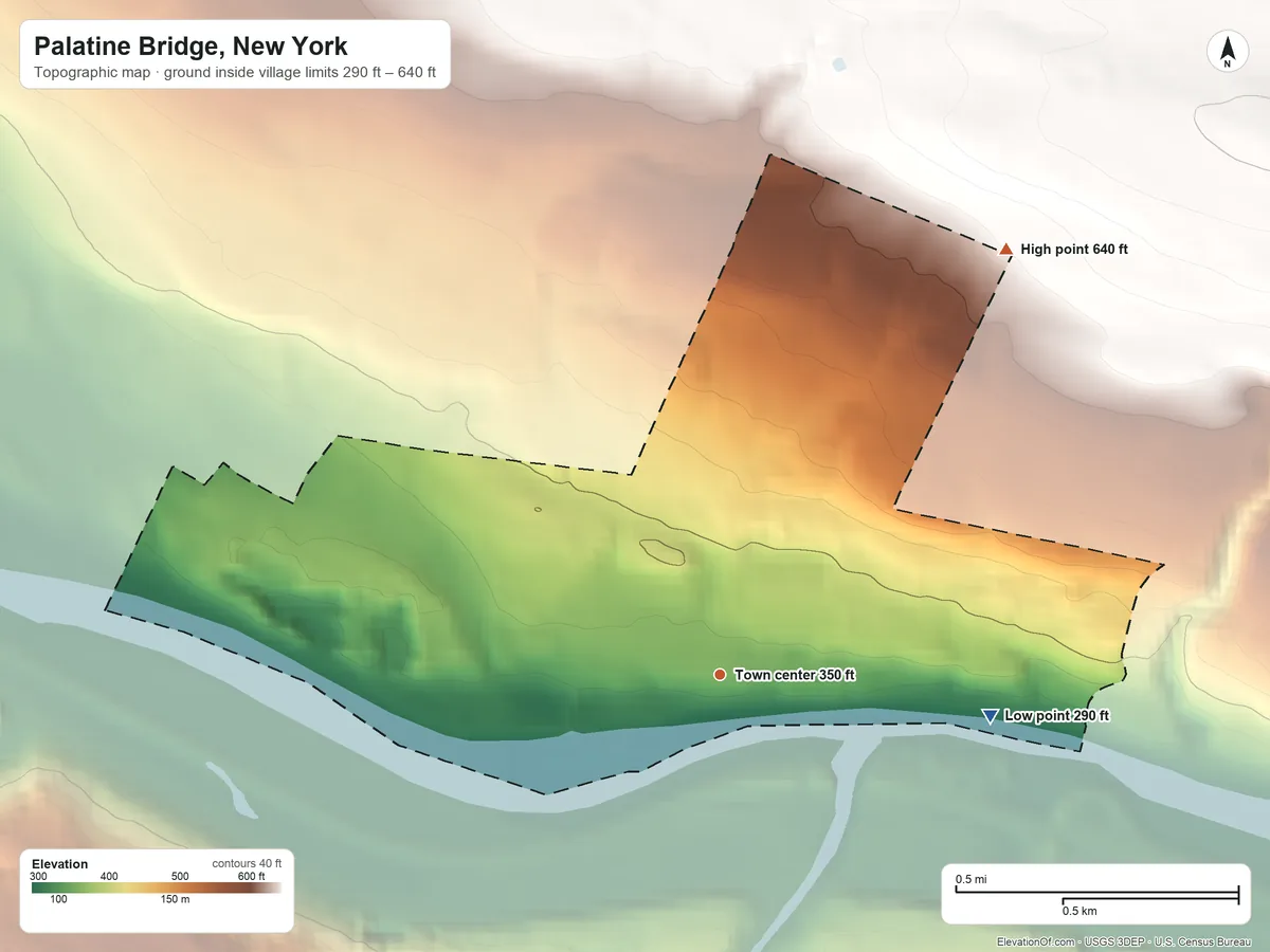 Topographic elevation map of Palatine Bridge, New York, shaded from 290 ft on the east side to 640 ft on the northeast side