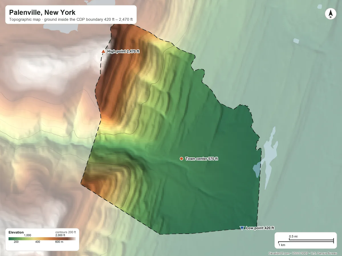 Topographic elevation map of Palenville, New York, shaded from 420 ft on the southeast side to 2,470 ft at the foot of the Blackhead Mountains