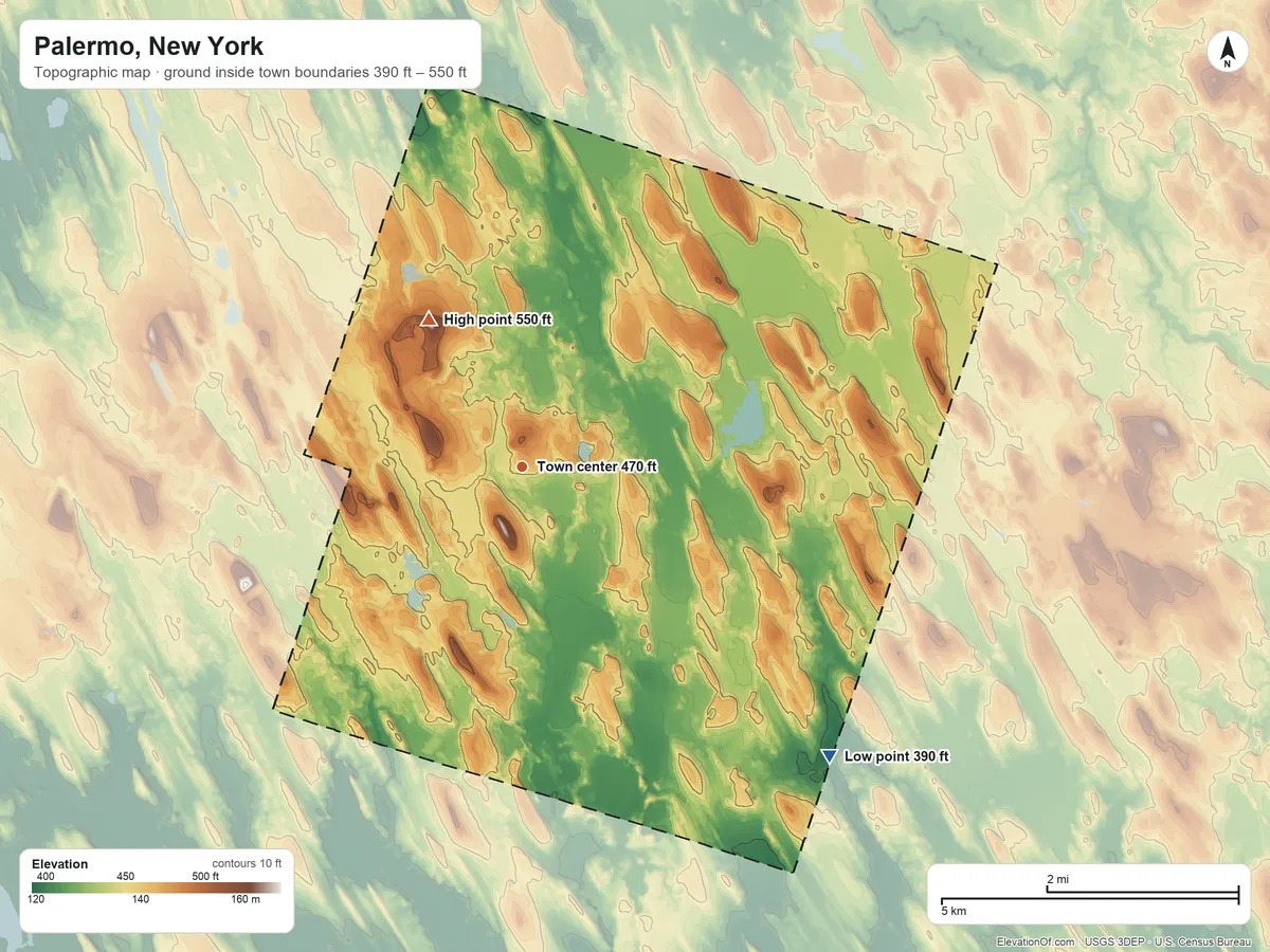 Topographic elevation map of Palermo, New York, shaded from 390 ft on the southeast side to 550 ft on the northwest side