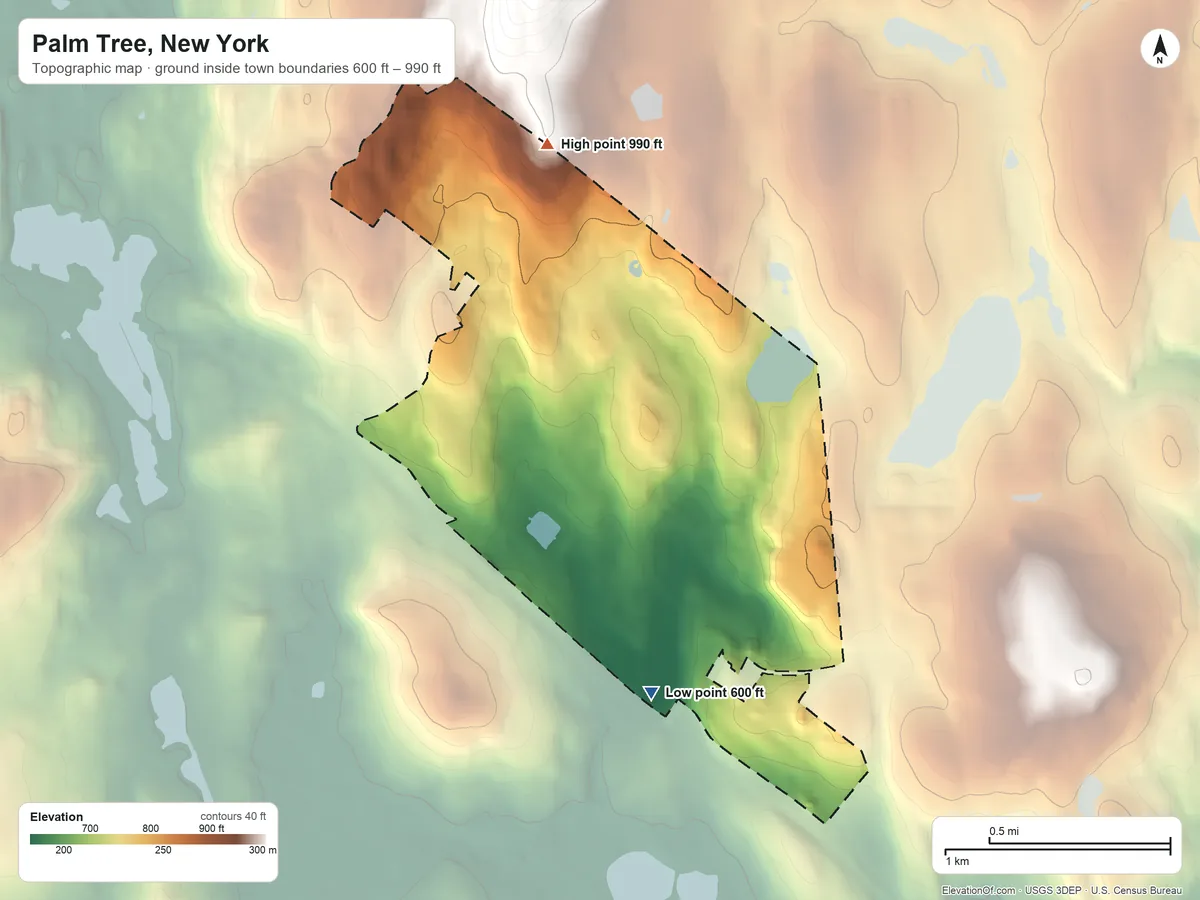 Topographic elevation map of Palm Tree, New York, shaded from 600 ft on the south side to 990 ft at the foot of the Warwick Mountain