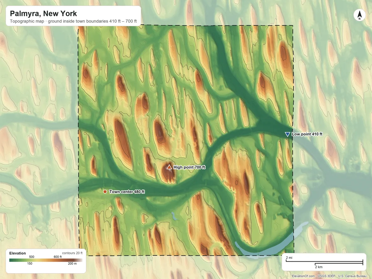 Topographic elevation map of Palmyra, New York, shaded from 410 ft on the east side to 700 ft on the east side