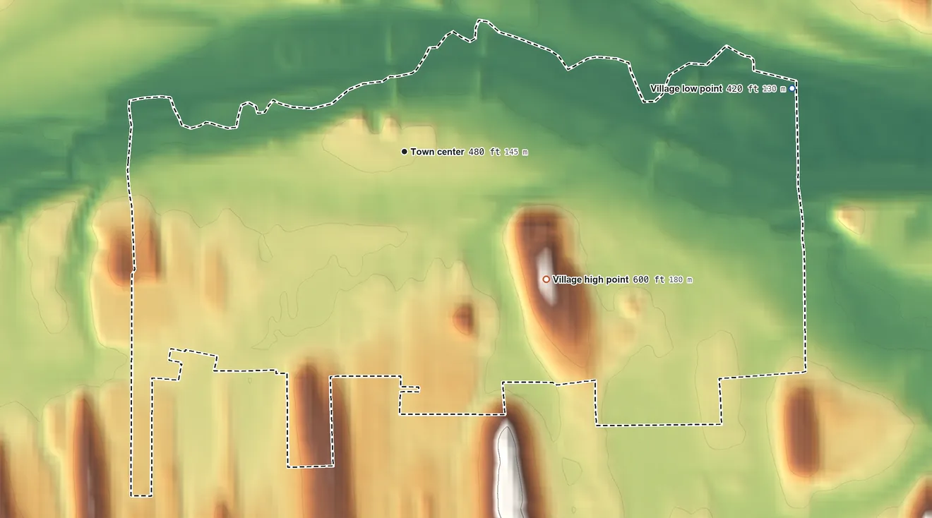 Topographic elevation map of Village of Palmyra, New York, shaded from 420 ft on the east side to 600 ft on the southeast side