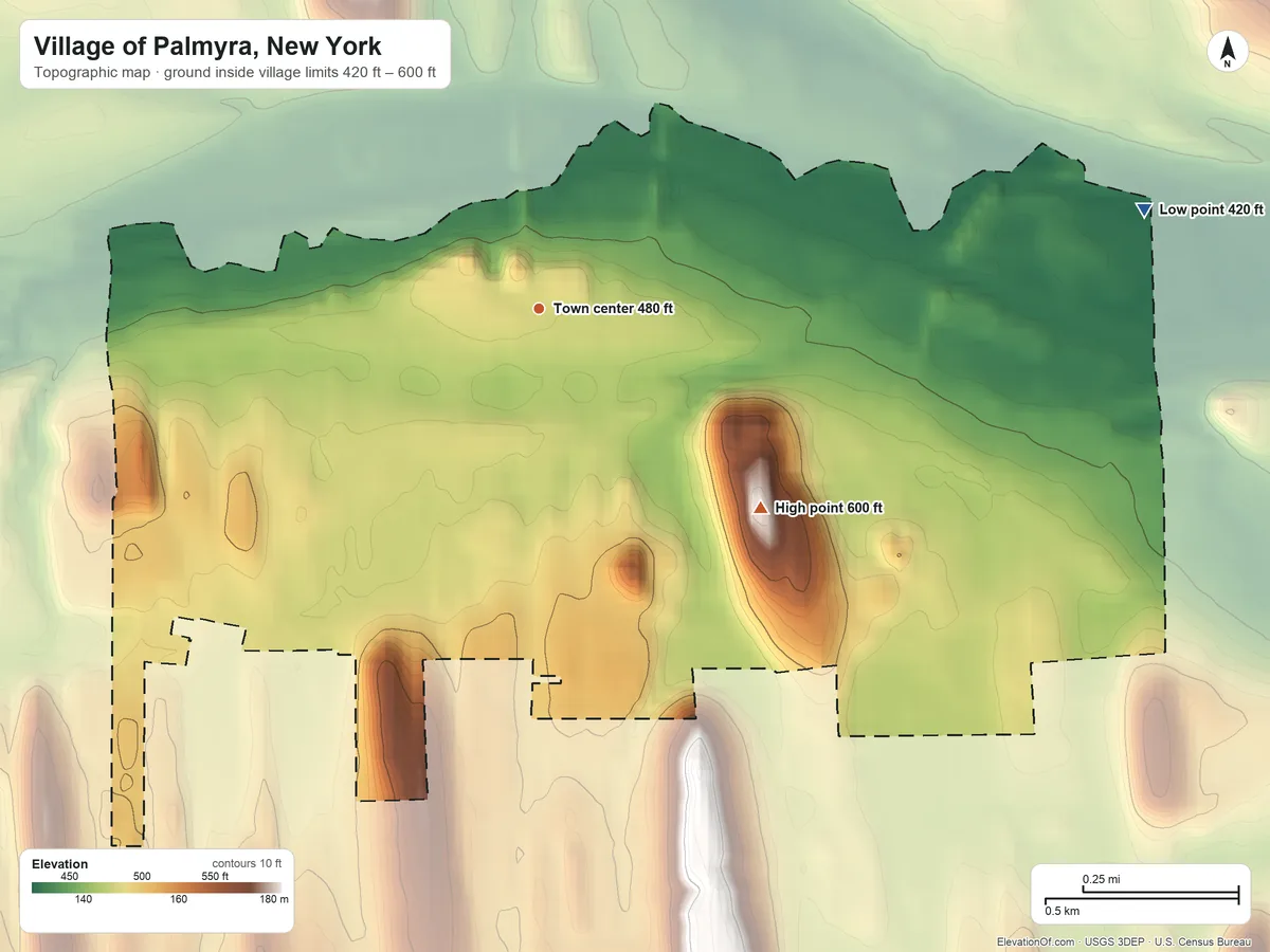 Topographic elevation map of Village of Palmyra, New York, shaded from 420 ft on the east side to 600 ft on the southeast side
