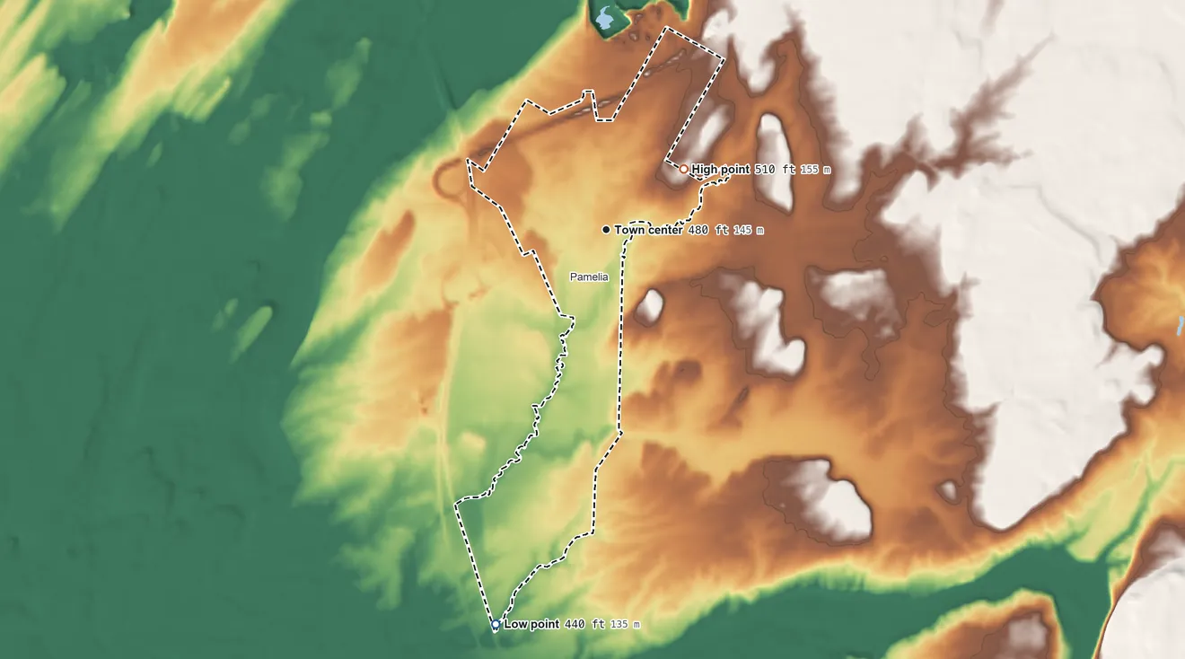 Topographic elevation map of Pamelia Center, New York, shaded from 440 ft on the south side to 510 ft on the northeast side