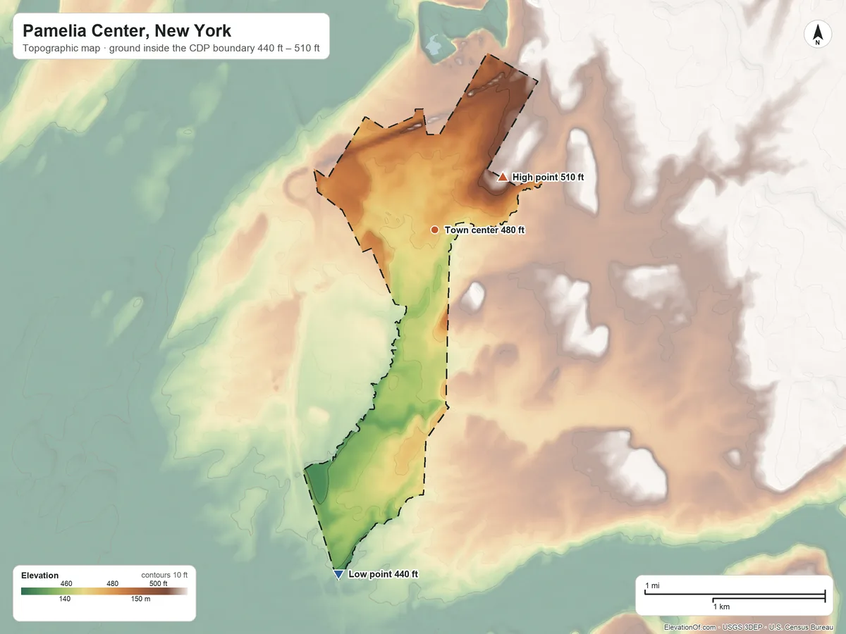 Topographic elevation map of Pamelia Center, New York, shaded from 440 ft on the south side to 510 ft on the northeast side