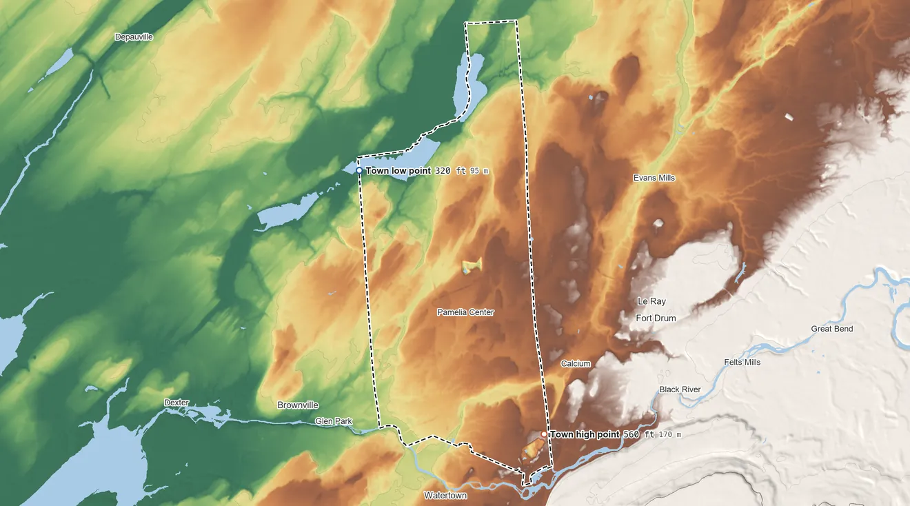 Topographic elevation map of Pamelia, New York, shaded from 320 ft on the northwest side to 560 ft on the southeast side