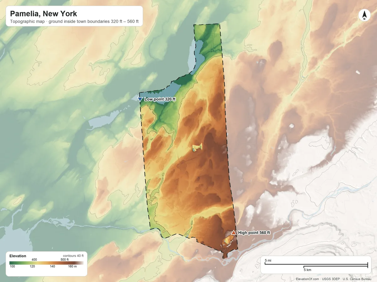 Topographic elevation map of Pamelia, New York, shaded from 320 ft on the northwest side to 560 ft on the southeast side