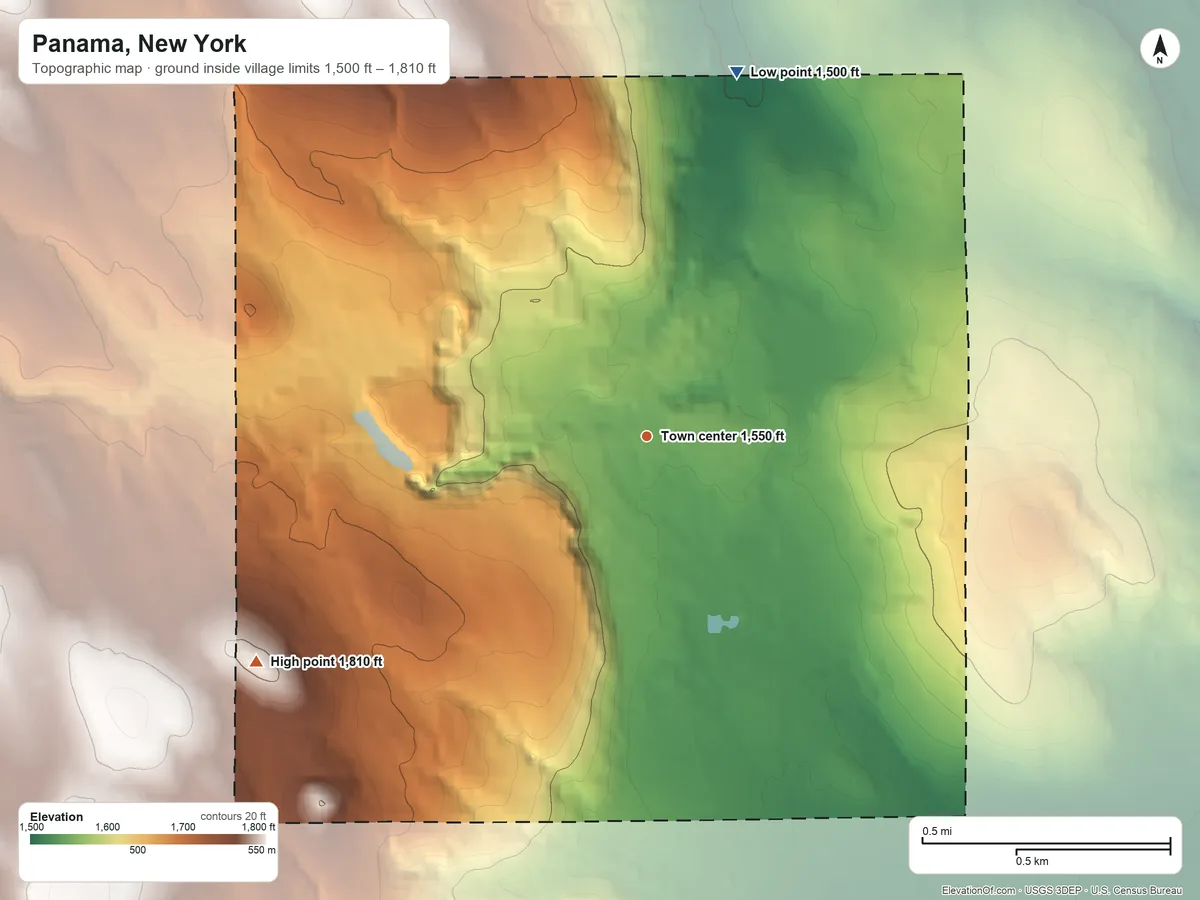 Topographic elevation map of Panama, New York, shaded from 1,500 ft on the north side to 1,810 ft on the southwest side
