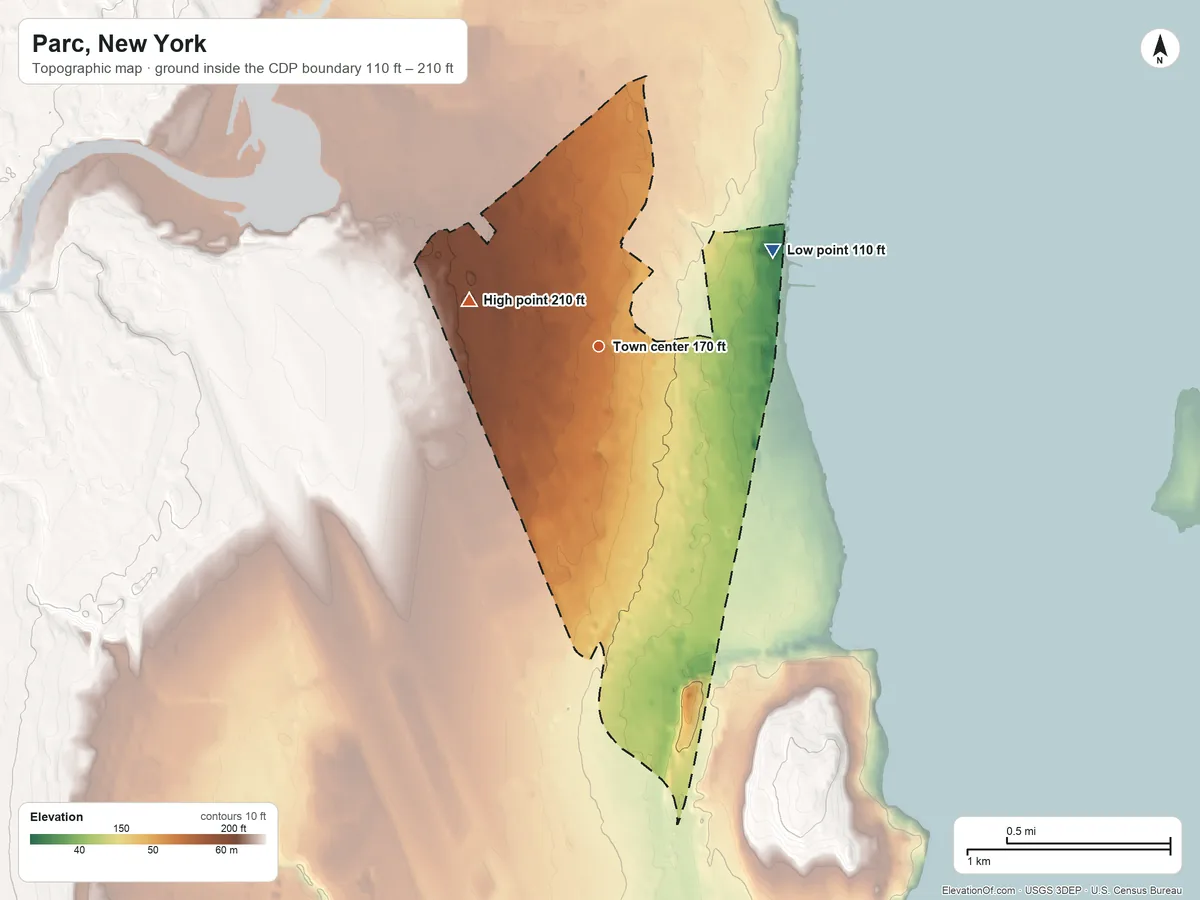 Topographic elevation map of Parc, New York, shaded from 110 ft on the northeast side to 210 ft on the west side