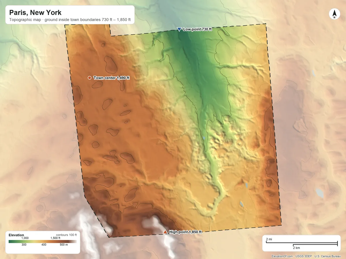 Topographic elevation map of Paris, New York, shaded from 730 ft on the northeast side to 1,850 ft on the southeast side