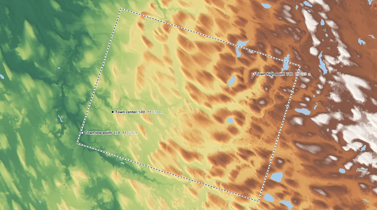 Topographic elevation map of Parish, New York, shaded from 410 ft on the southwest side to 700 ft on the east side