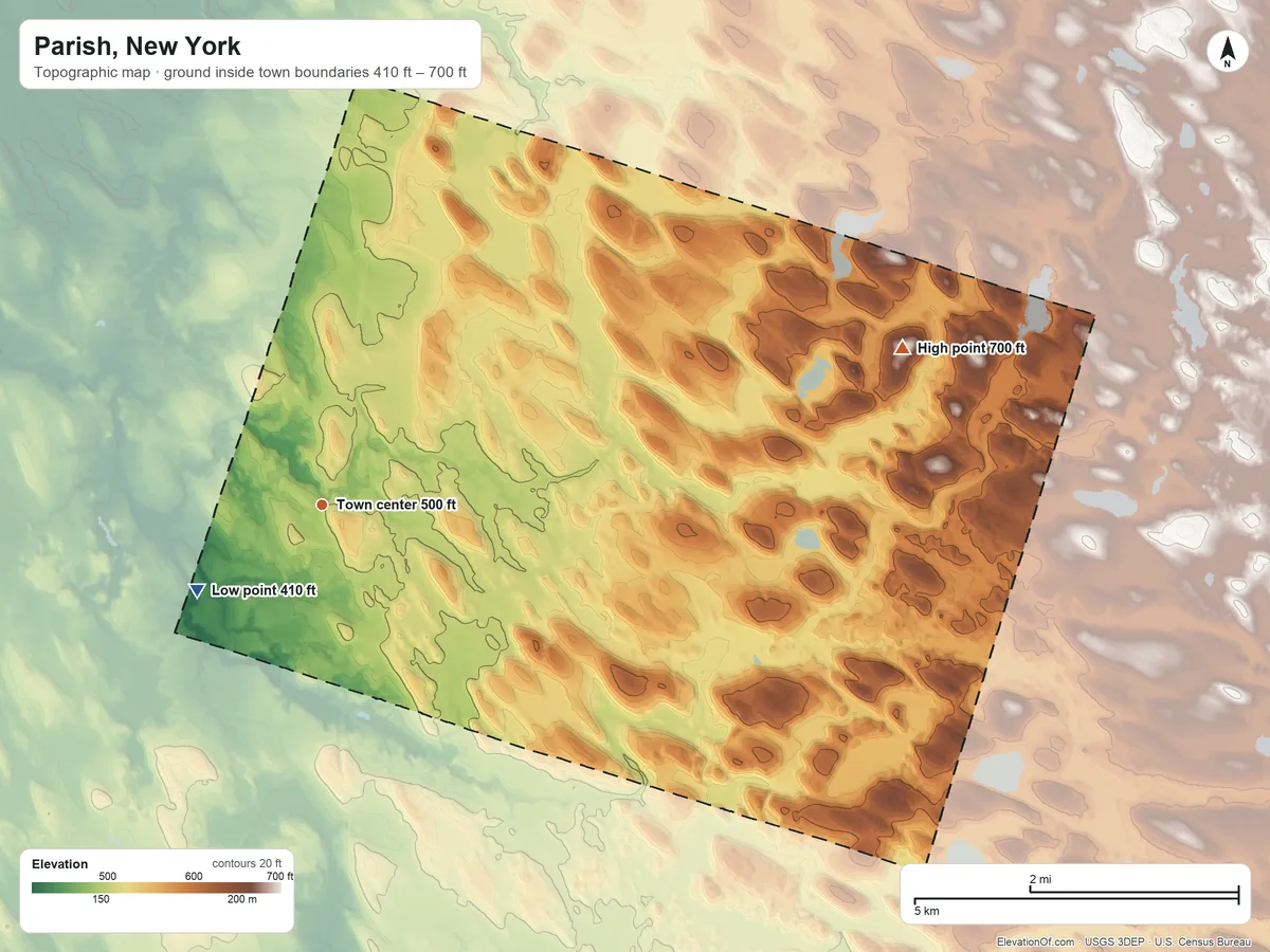 Topographic elevation map of Parish, New York, shaded from 410 ft on the southwest side to 700 ft on the east side
